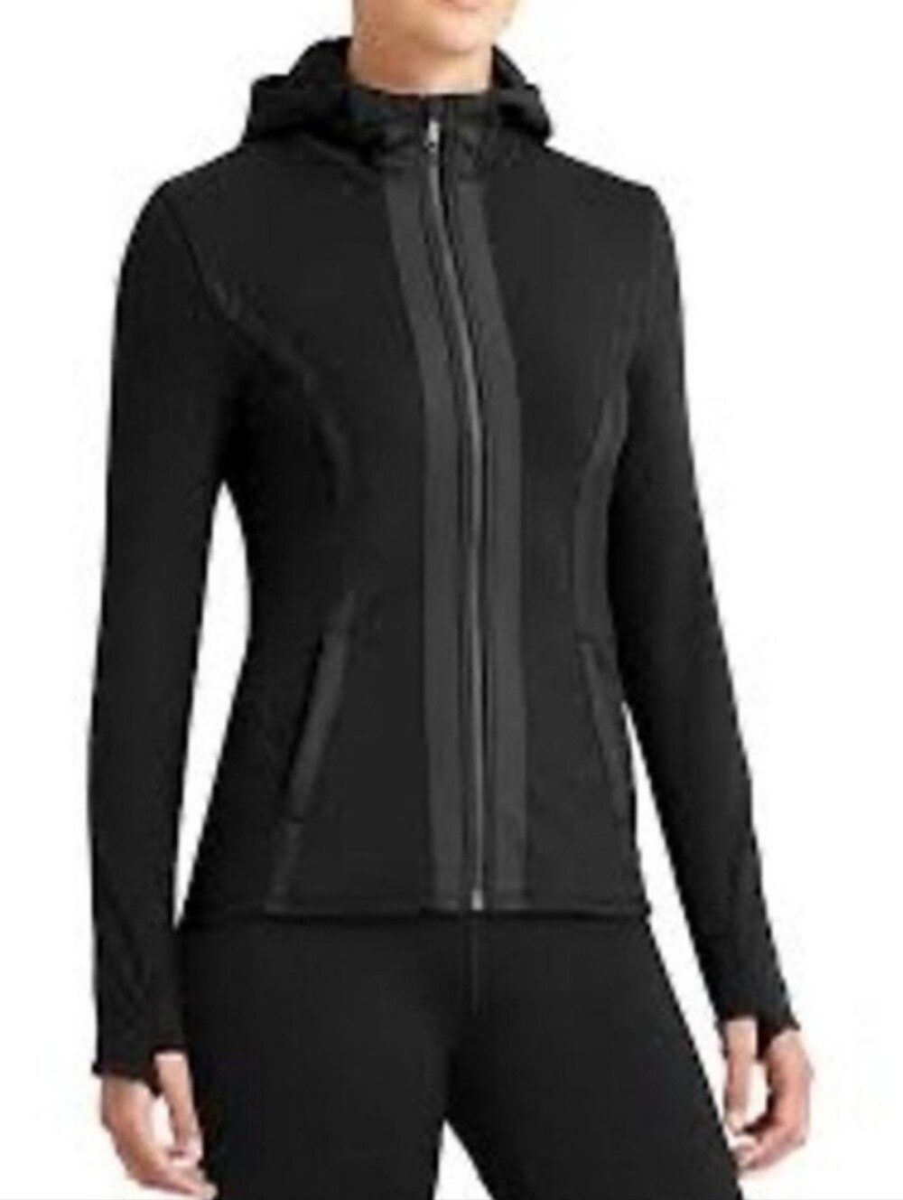 Athleta Verbier Jacket Black Full Zip Fleece Lined W/ Hood Size Small ?